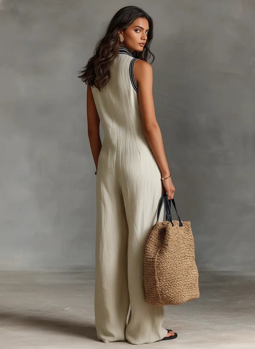 Annika Embroidered Sleeveless Linen Jumpsuit with Stand Collar