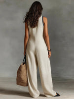 Annika Embroidered Sleeveless Linen Jumpsuit with Stand Collar