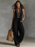 Annika Embroidered Sleeveless Linen Jumpsuit with Stand Collar