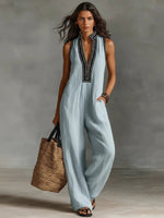 Annika Embroidered Sleeveless Linen Jumpsuit with Stand Collar