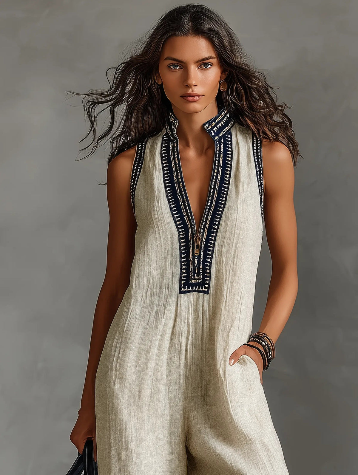 Annika Embroidered Sleeveless Linen Jumpsuit with Stand Collar