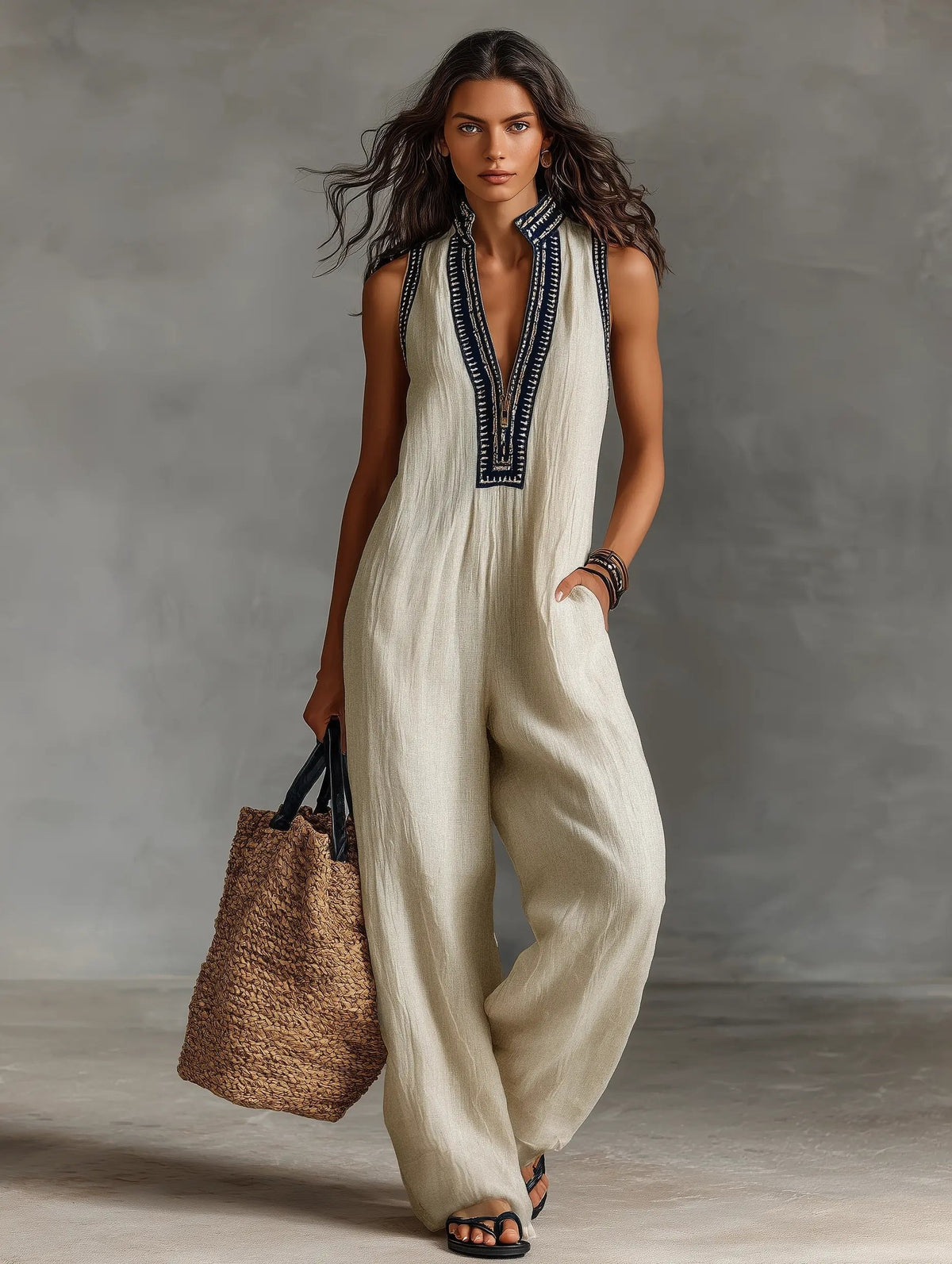 Annika Embroidered Sleeveless Linen Jumpsuit with Stand Collar