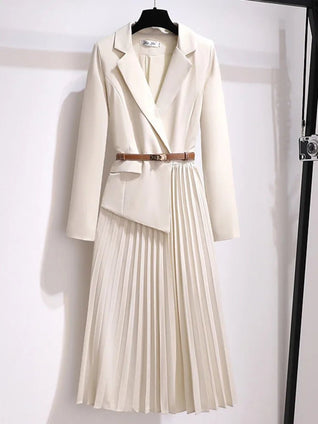 Emilia Blazer-Style Pleated Midi Dress with Belt
