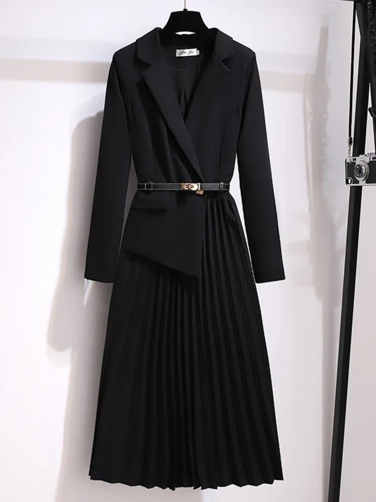 Emilia Blazer-Style Pleated Midi Dress with Belt