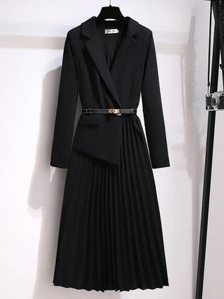 Emilia Blazer-Style Pleated Midi Dress with Belt