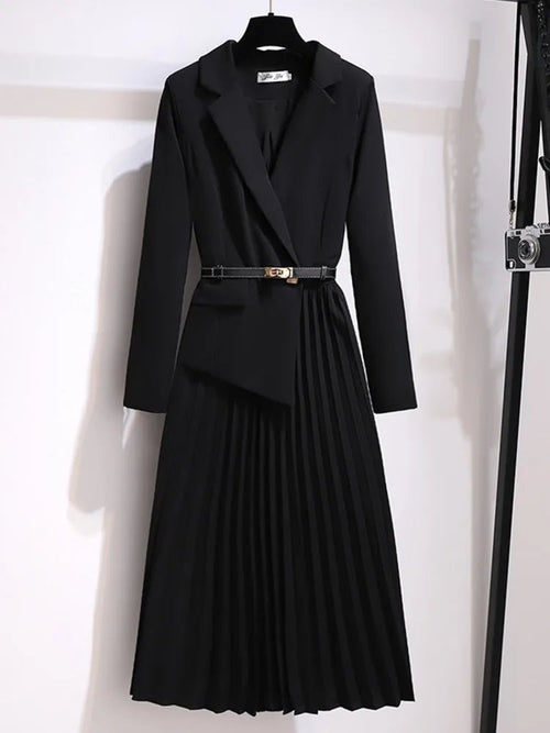 Emilia Blazer-Style Pleated Midi Dress with Belt