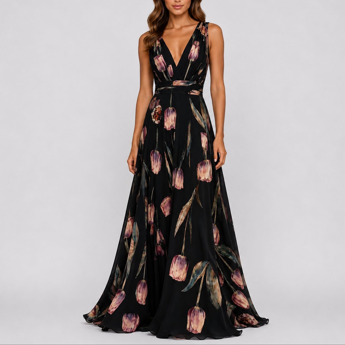 Annika Floral V-Neck Chiffon Maxi Dress