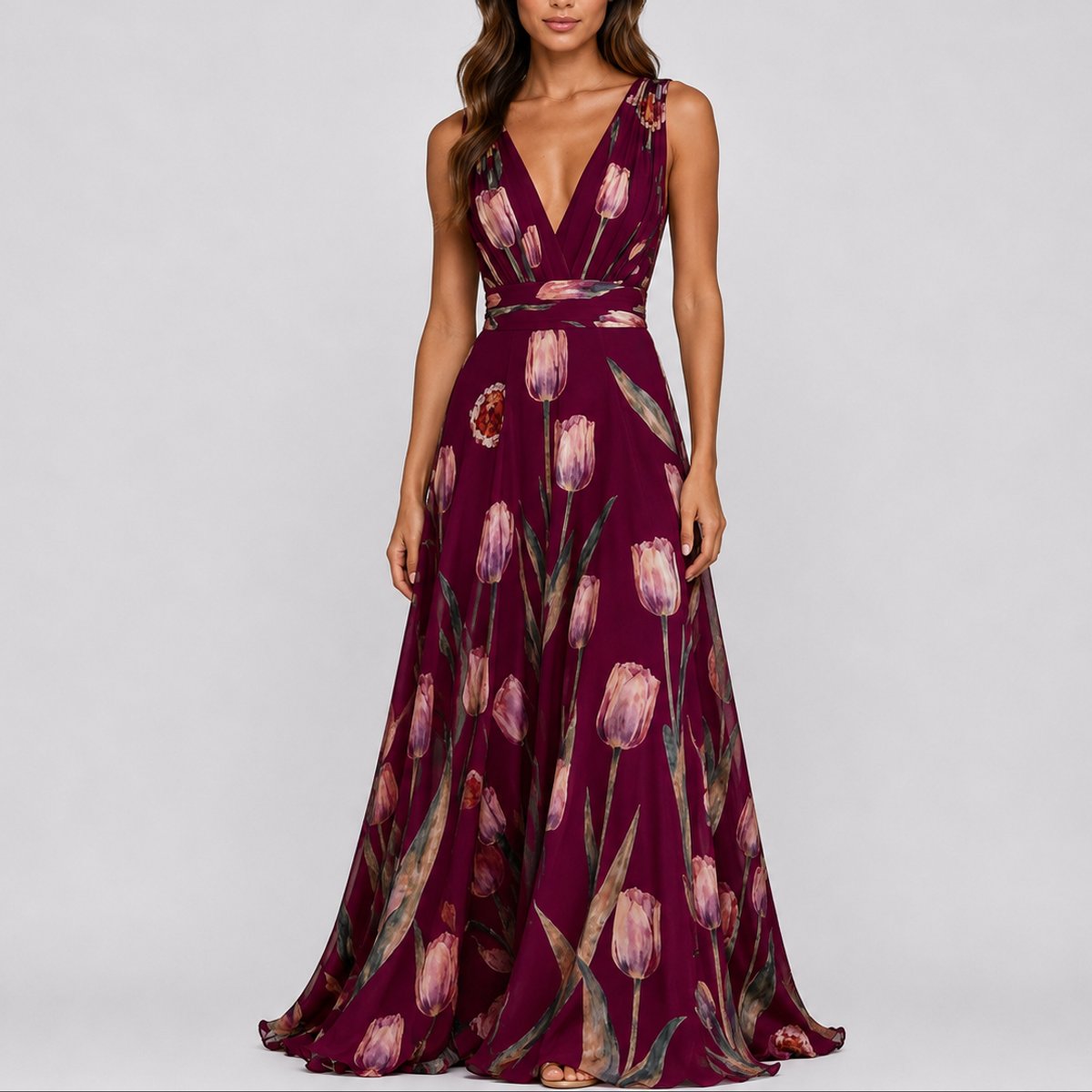 Annika Floral V-Neck Chiffon Maxi Dress