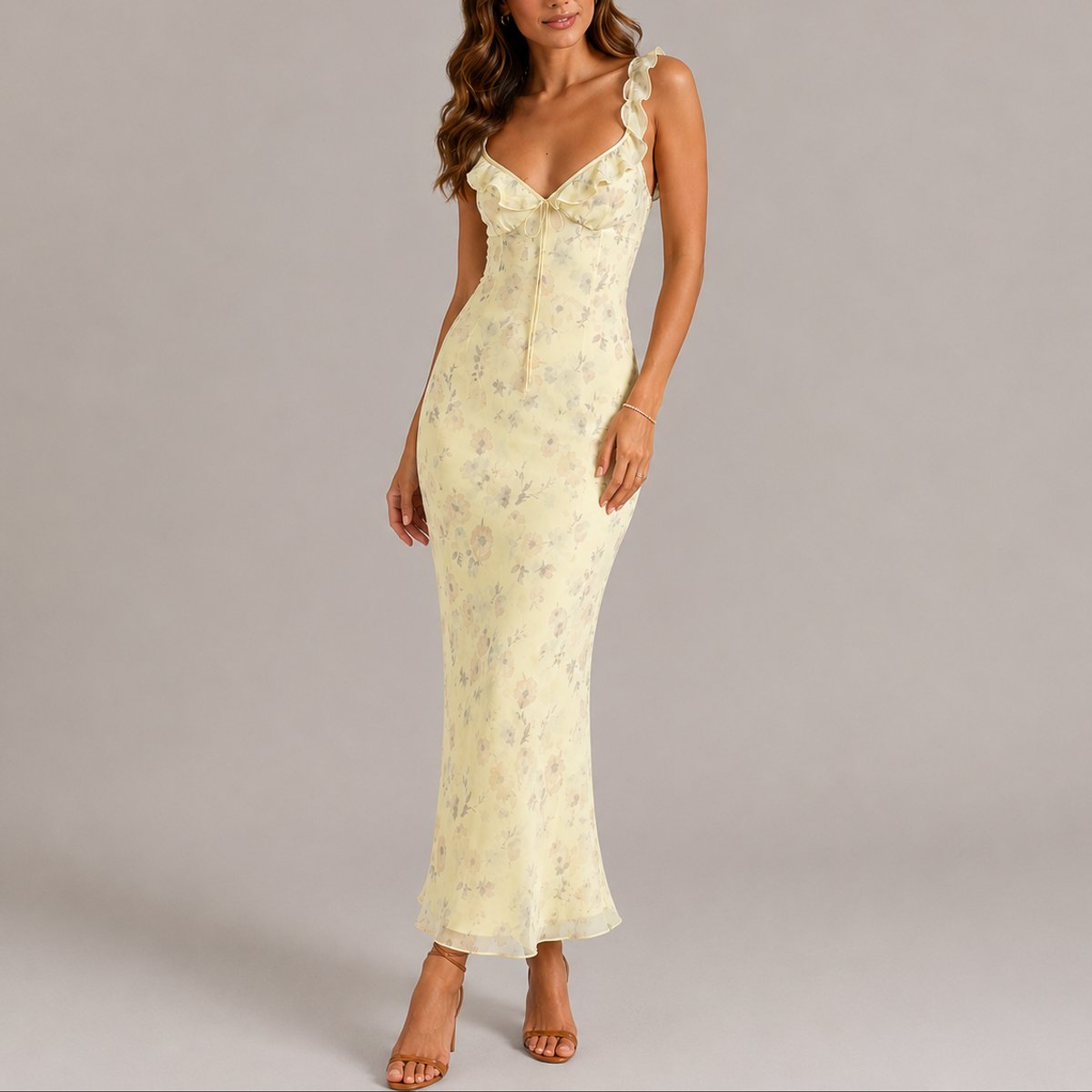 Greta Floral Maxi Wedding Guest Dress with Ruffle Straps