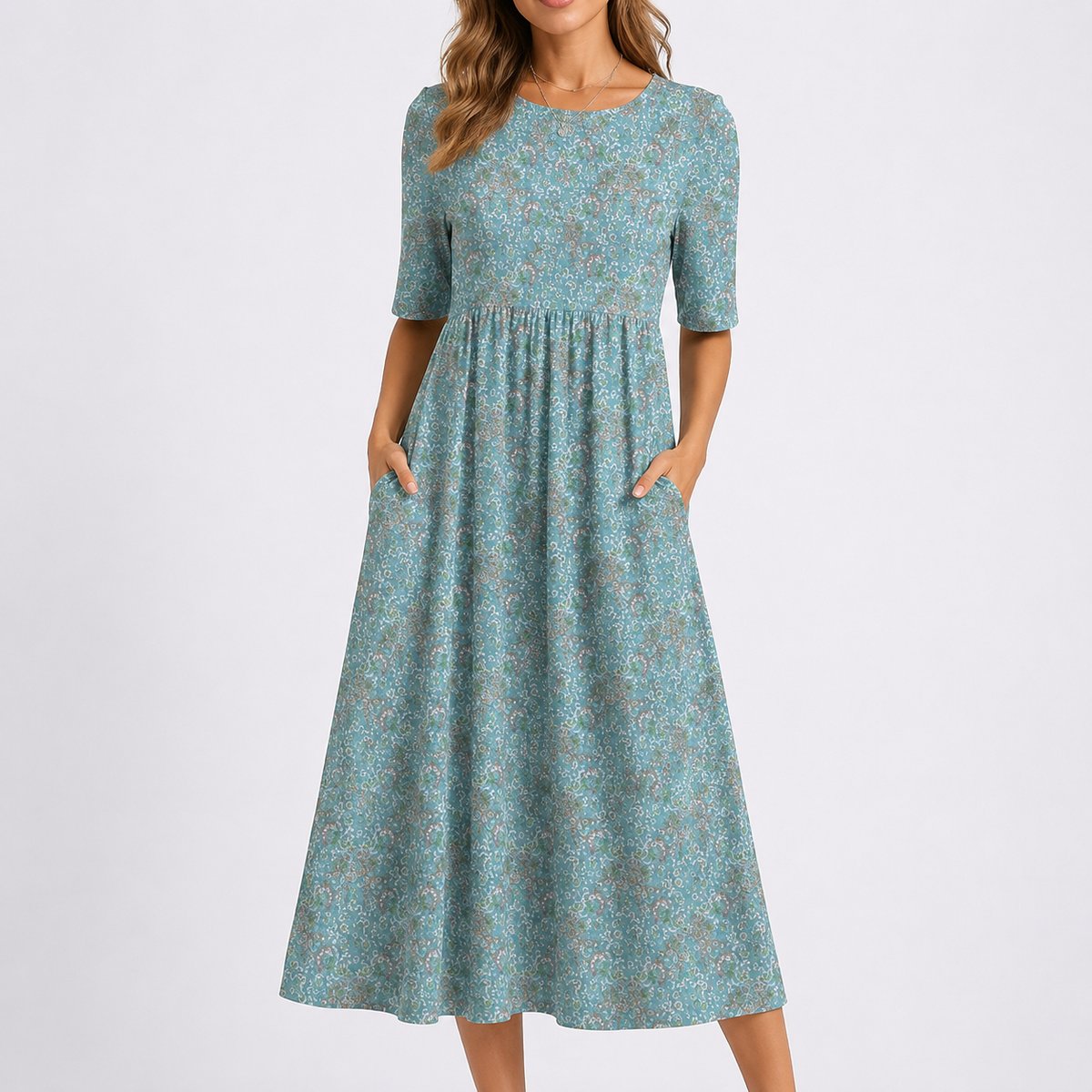 Johanna Floral Midi Dress with Round Neckline