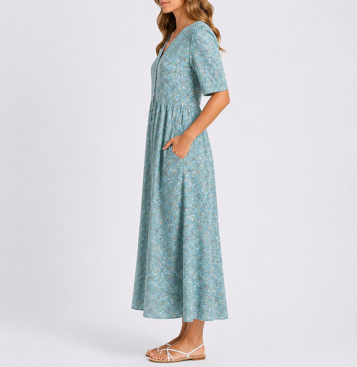 Johanna Floral Midi Dress with Round Neckline