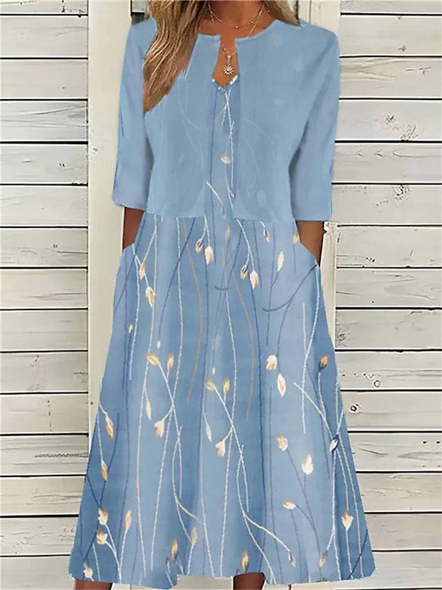 Emilia Floral Crewneck Midi Dress with Pockets