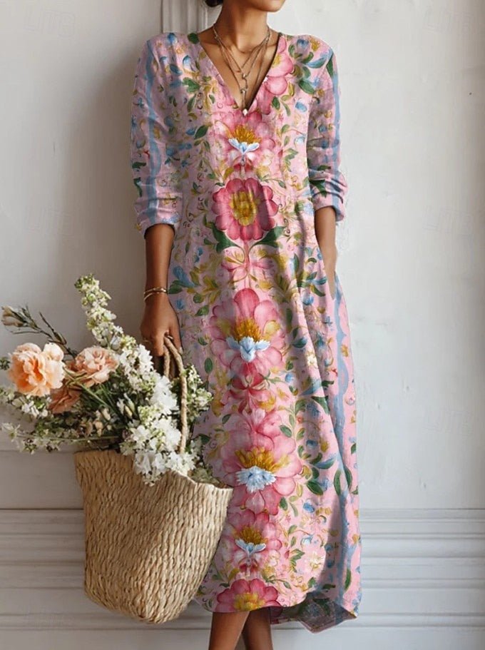 Annika Floral Midi Dress with V-Neck and Three-Quarter Sleeves