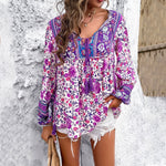 Elfriede Floral Tunic V-Neck Tassel-Tie Boho Top