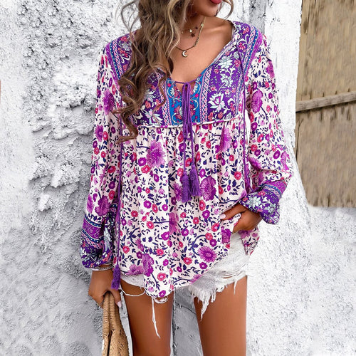 Elfriede Floral Tunic V-Neck Tassel-Tie Boho Top