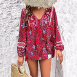 Elfriede Floral Tunic V-Neck Tassel-Tie Boho Top