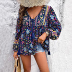 Elfriede Floral Tunic V-Neck Tassel-Tie Boho Top