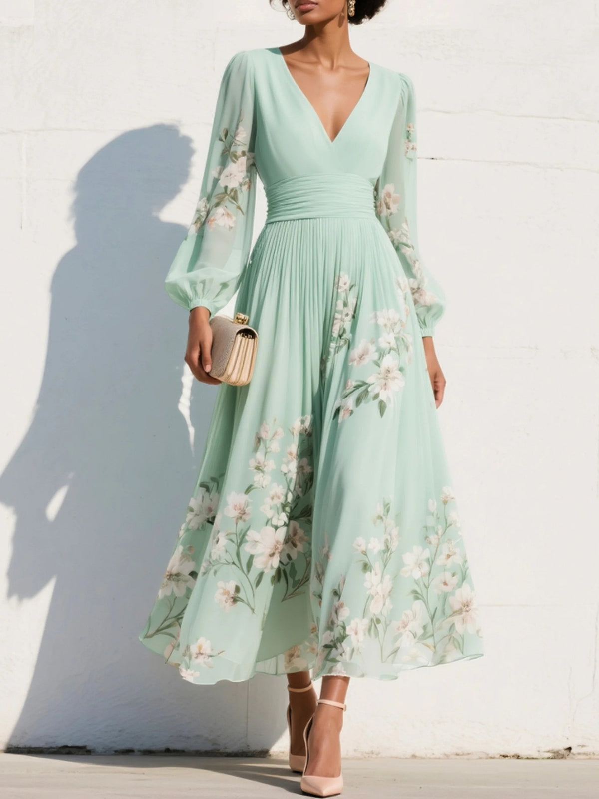 Elisabeth Floral V-Neck Balloon Sleeve Chiffon Midi Dress