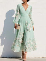 Elisabeth Floral V-Neck Balloon Sleeve Chiffon Midi Dress
