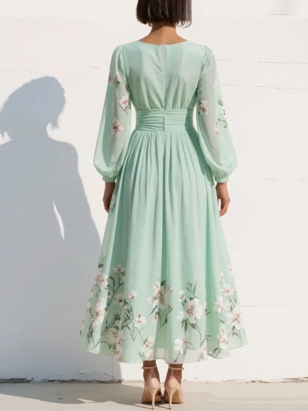 Elisabeth Floral V-Neck Balloon Sleeve Chiffon Midi Dress