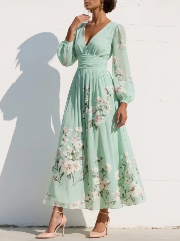 Elisabeth Floral V-Neck Balloon Sleeve Chiffon Midi Dress