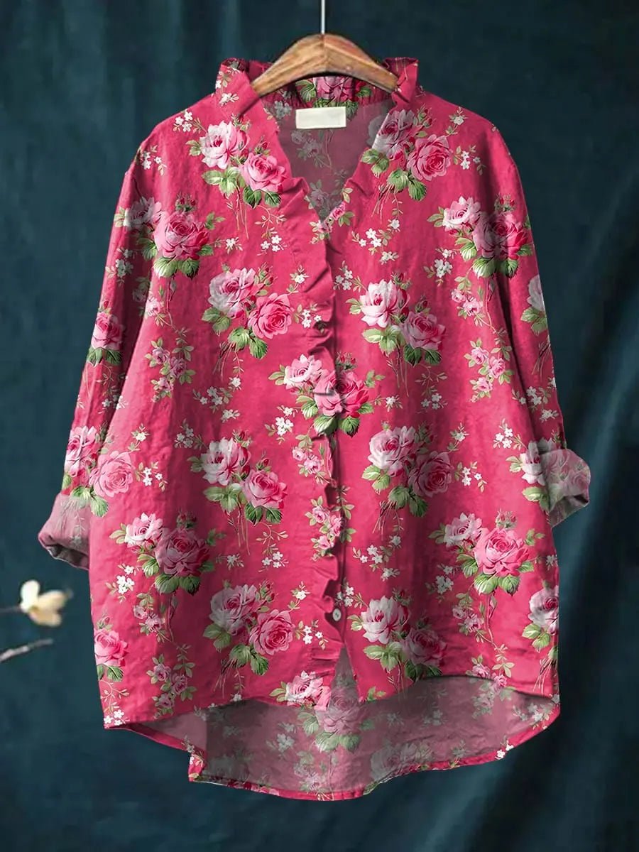 Elisabeth Floral Linen Cotton Ruffle Blouse