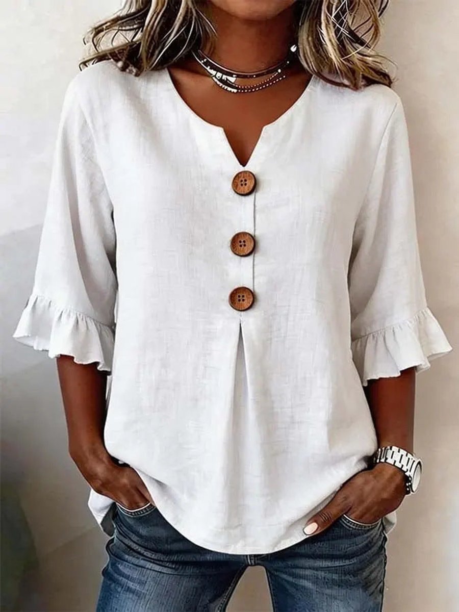 Katharina Ruffle Sleeve Blouse with Wood Buttons