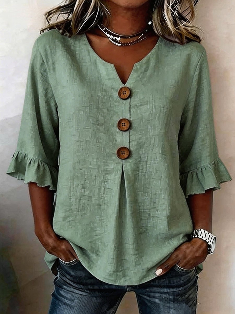 Katharina Ruffle Sleeve Blouse with Wood Buttons