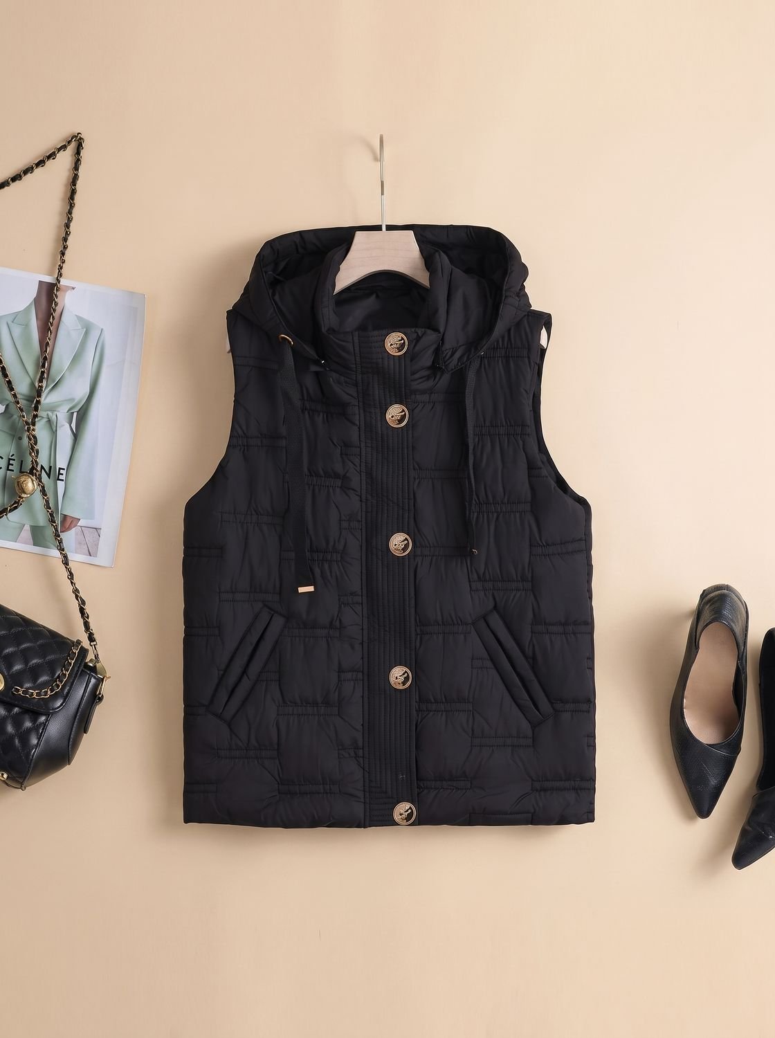 Leonie Quilted Button-Front Hooded Vest