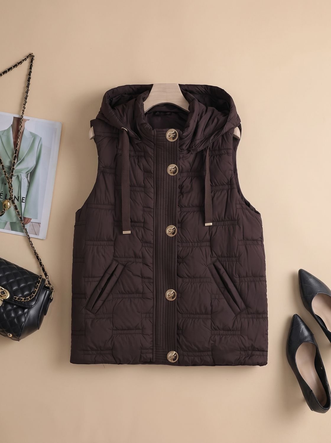 Leonie Quilted Button-Front Hooded Vest