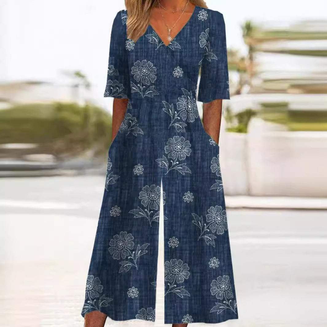 Annika Boho Floral V-Neck Half-Sleeve Jumpsuit