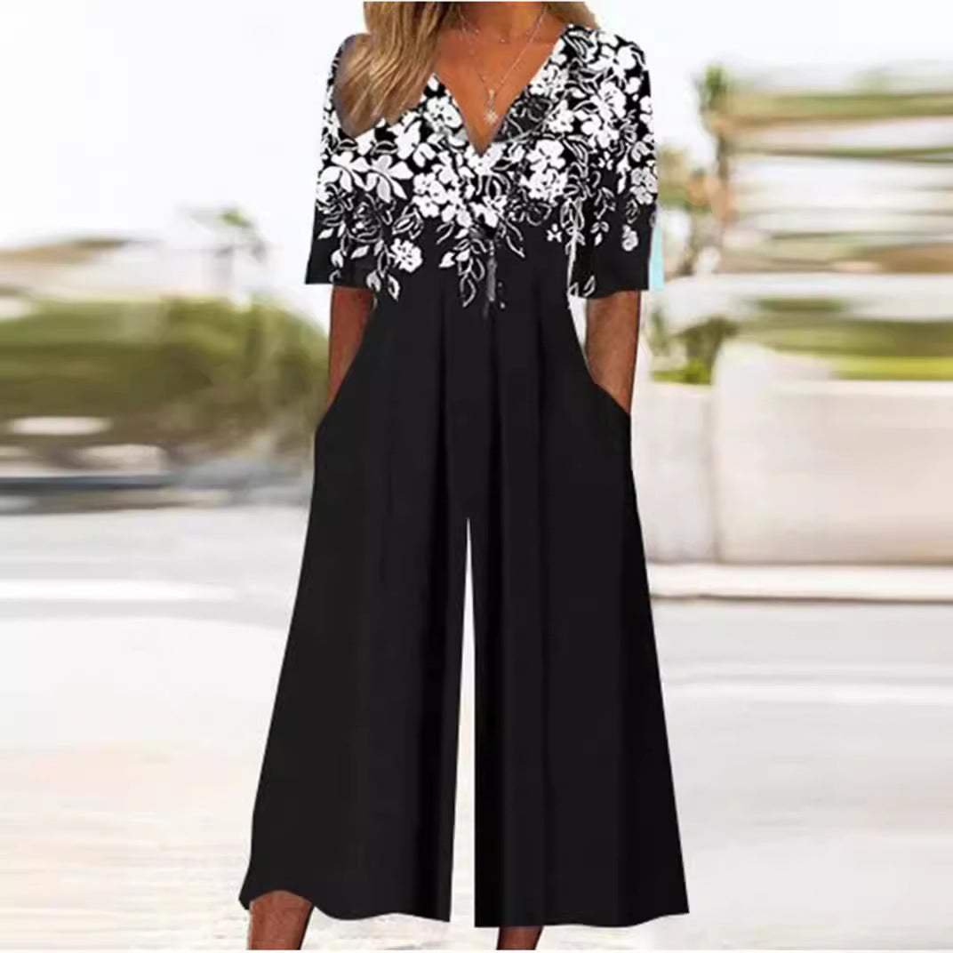 Annika Boho Floral V-Neck Half-Sleeve Jumpsuit