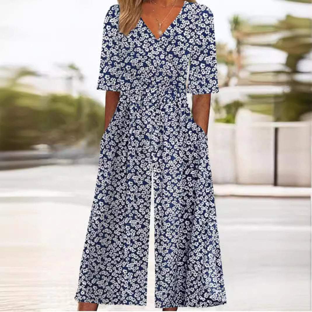 Annika Boho Floral V-Neck Half-Sleeve Jumpsuit