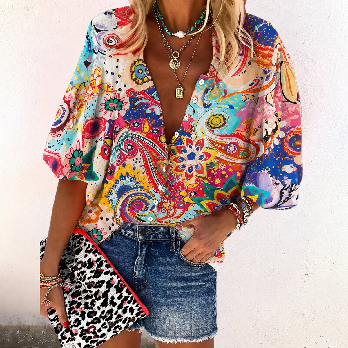 Elisabeth Boho V-Neck Long Sleeve Button Placket Blouse