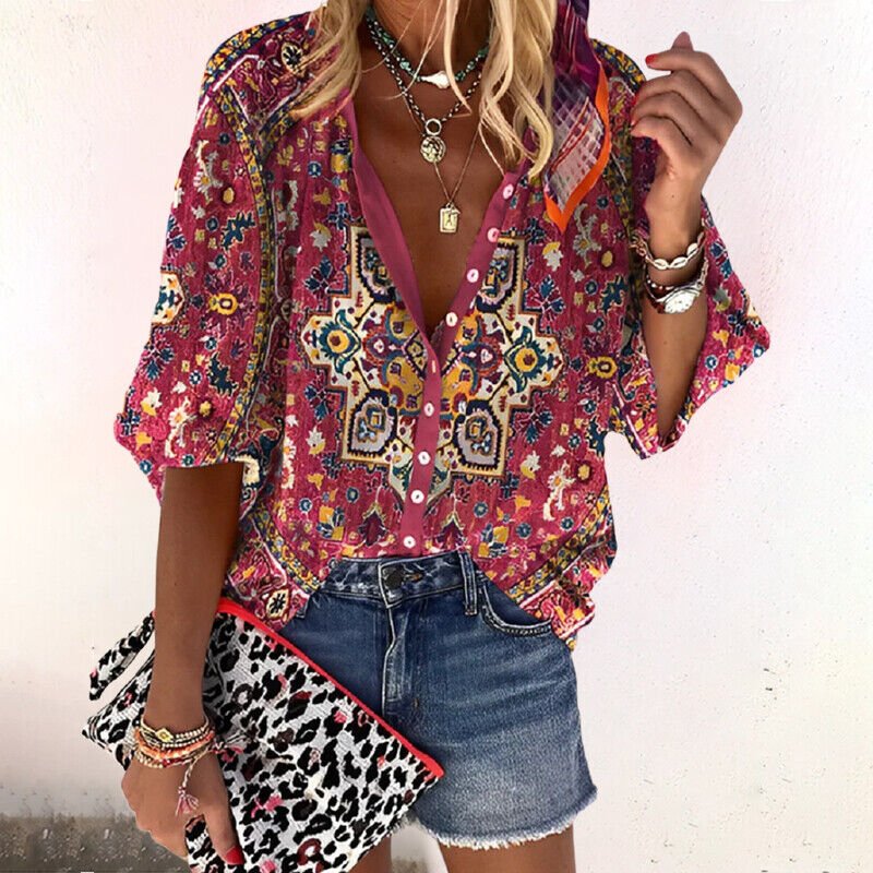 Elisabeth Boho V-Neck Long Sleeve Button Placket Blouse