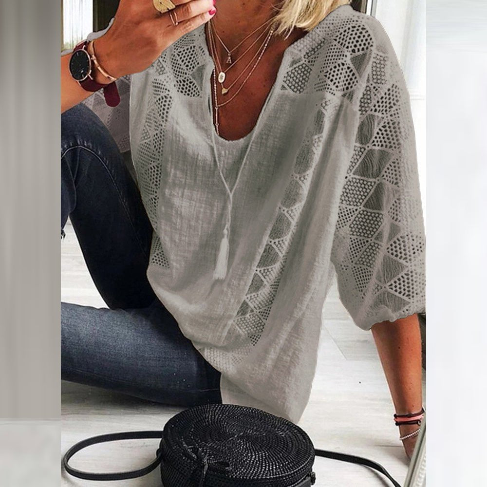 Marie Boho Crochet Trim Three-Quarter Sleeve Blouse