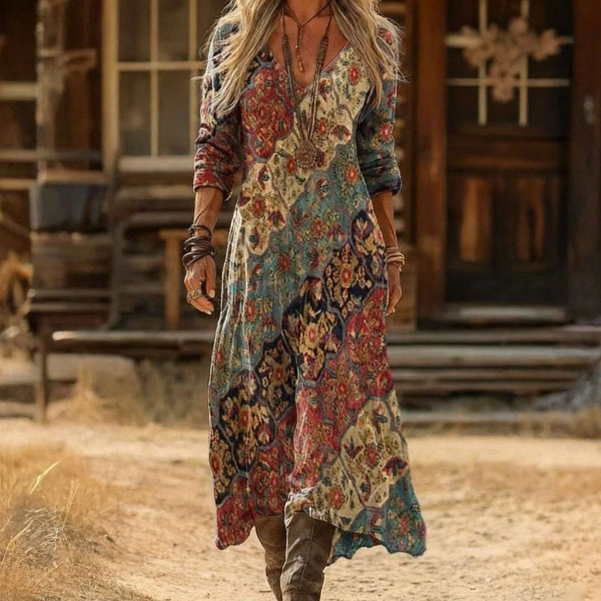 Frieda Vintage Floral Print Maxi Dress