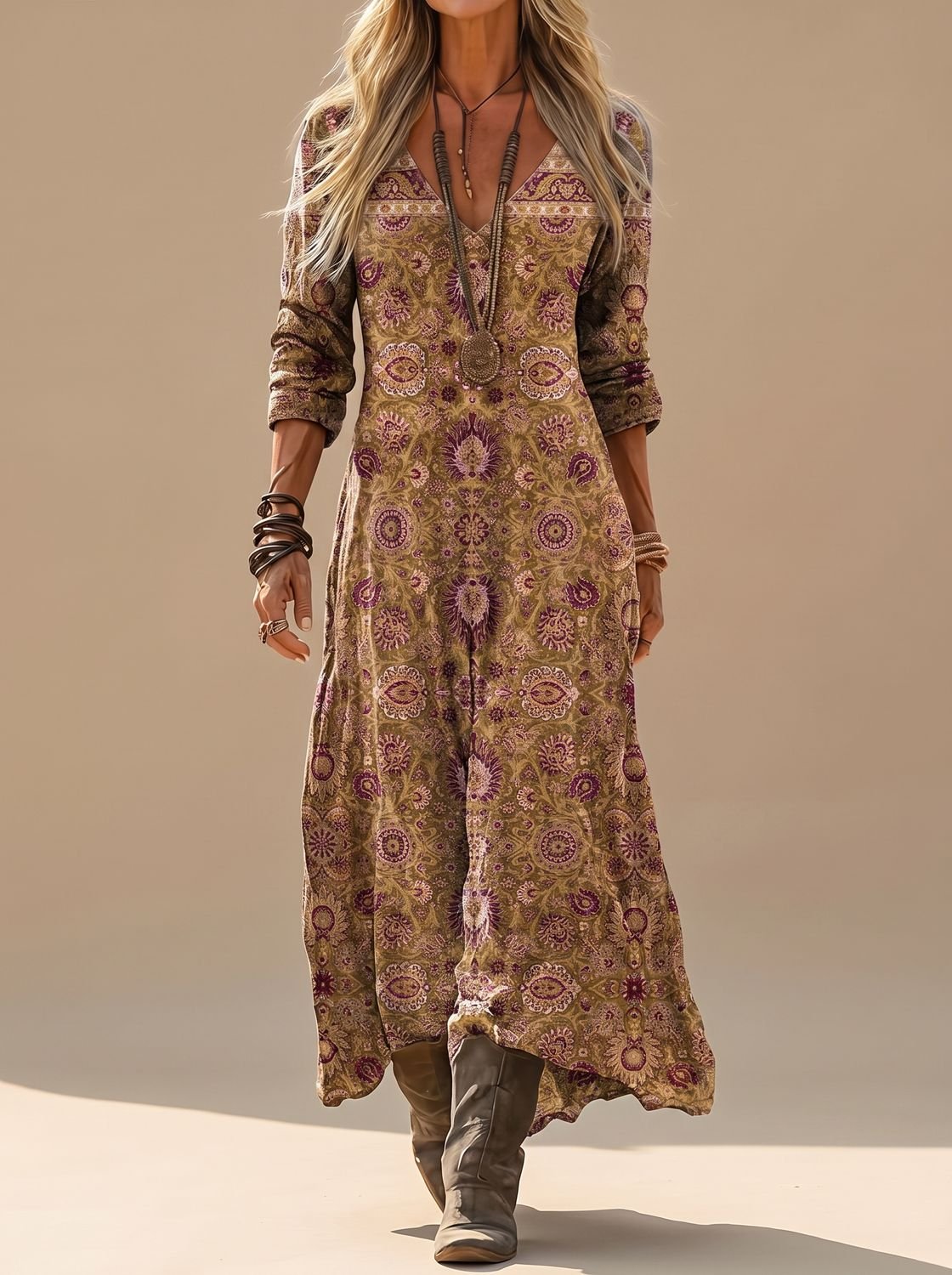 Amelie Vintage Print Boho Maxi Dress