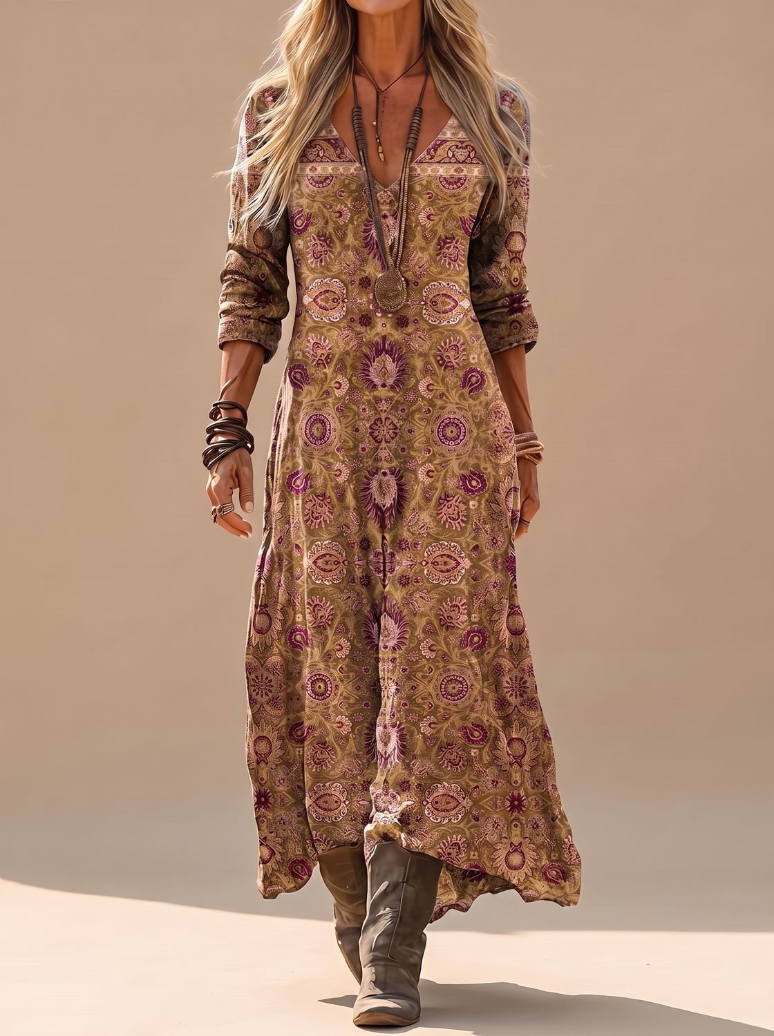 Amelie Vintage Print Boho Maxi Dress