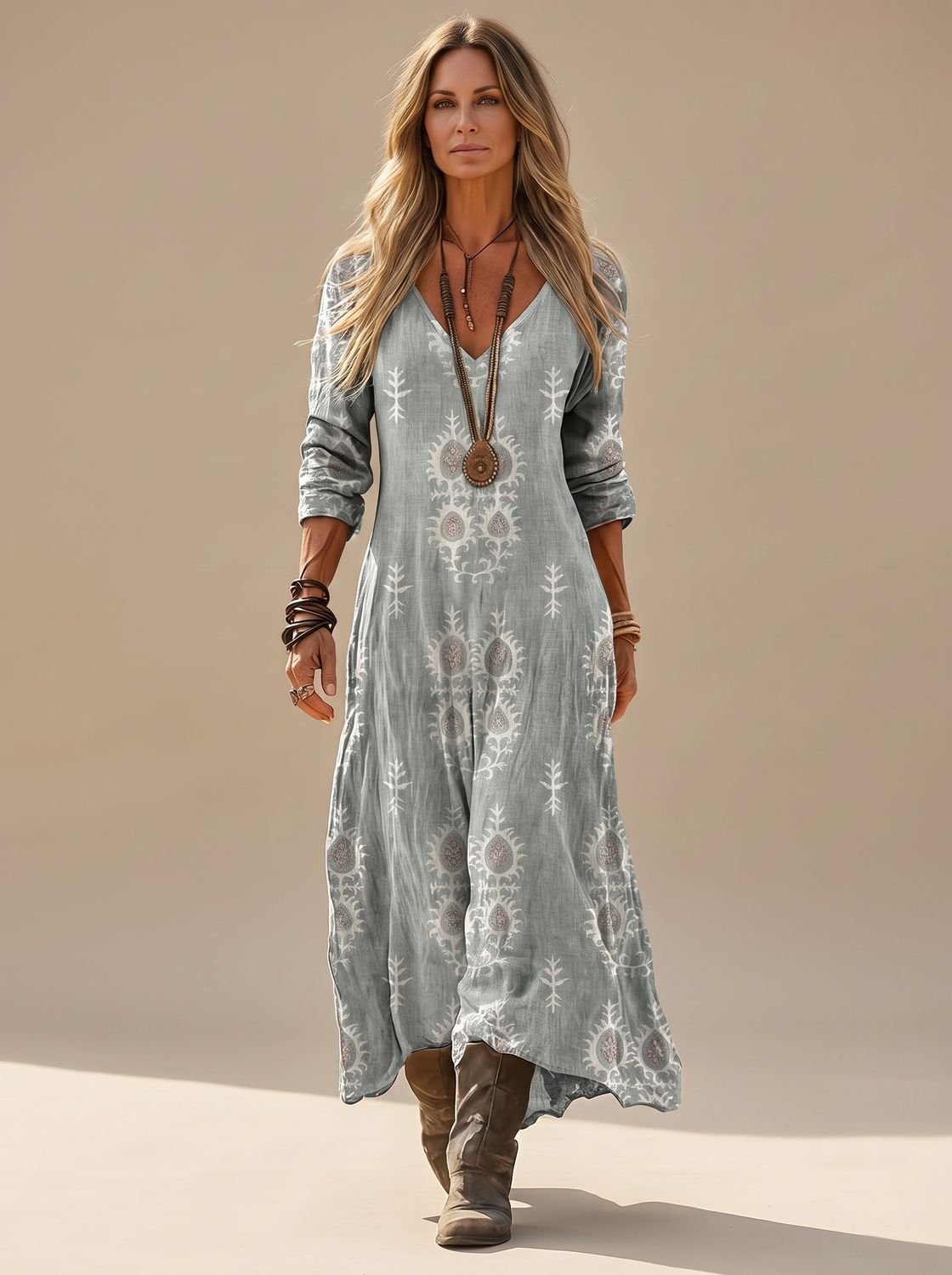 Marlene Vintage Print V-Neck Maxi Dress