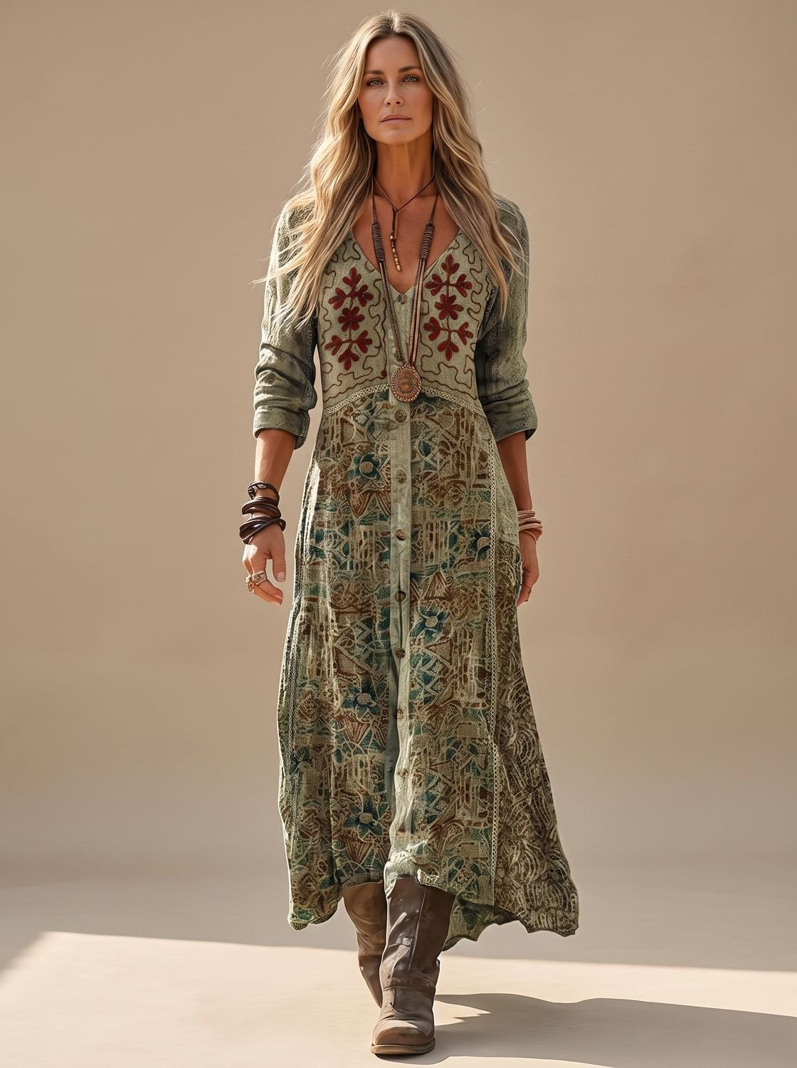 Elisabeth Boho Print V-Neck Maxi Dress