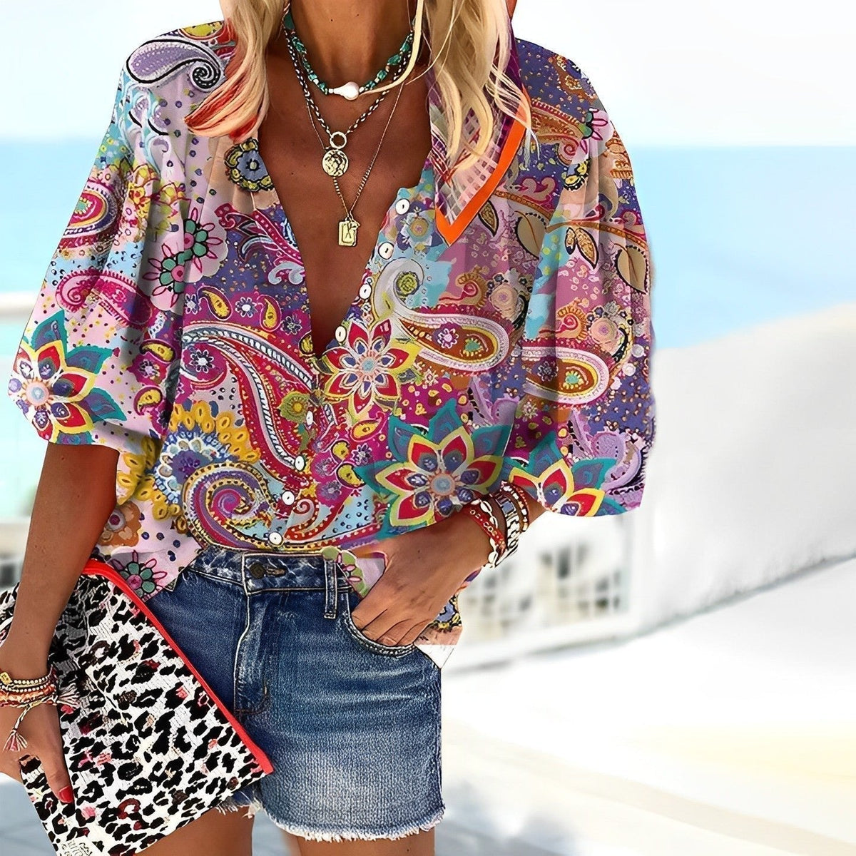 Lena Boho Paisley V-Neck Button-Front Blouse