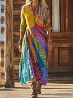 Marie Boho Patchwork Long-Sleeve V-Neck Midi Dress
