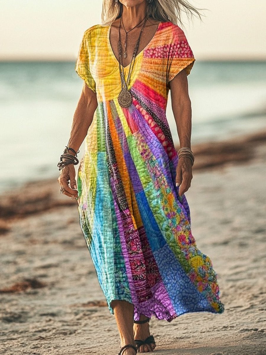 Marie Boho Patchwork Long-Sleeve V-Neck Midi Dress