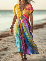 Marie Boho Patchwork Long-Sleeve V-Neck Midi Dress