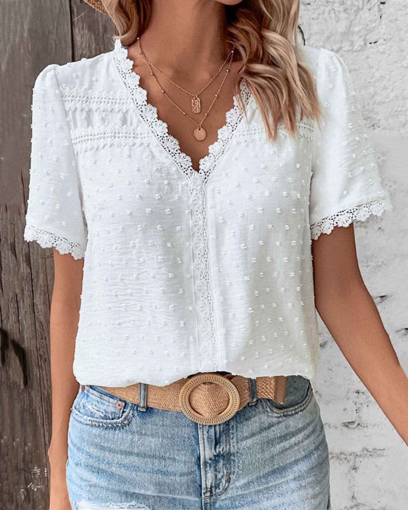 Marie Boho V-Neck Lace Polka Dot Blouse