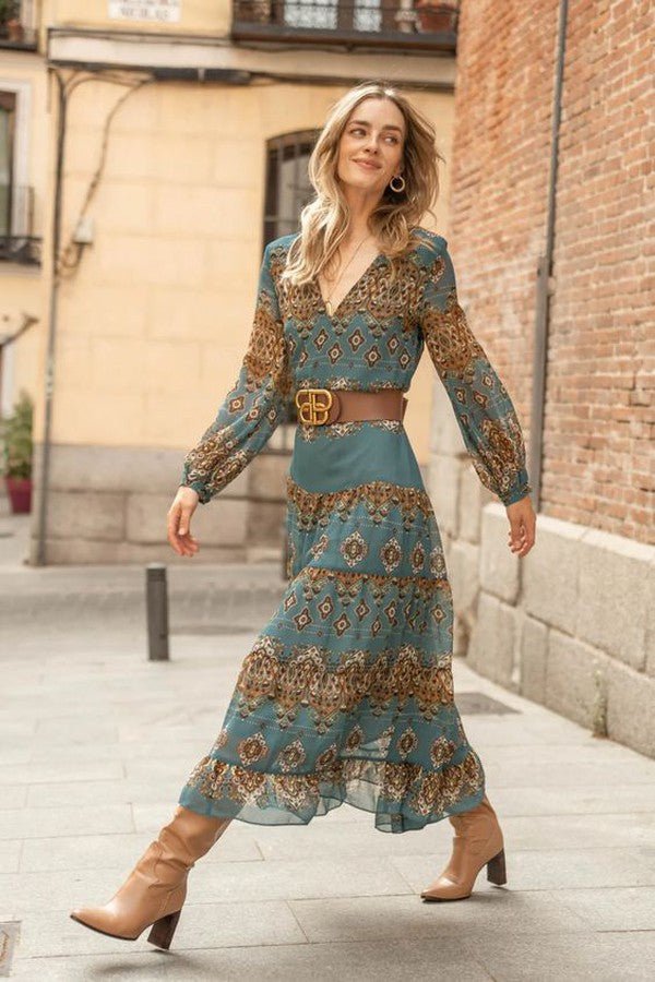 Mia Chiffon Boho Medallion Puff Sleeve Tiered Dress