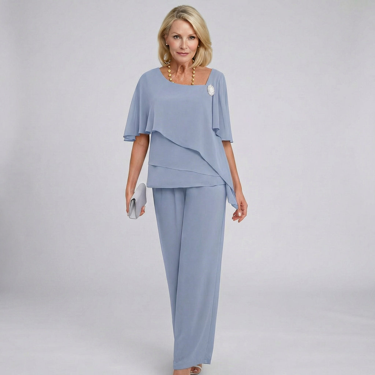 Marlene Chiffon Cape-Sleeve Two-Piece Set with Wide-Leg Pants