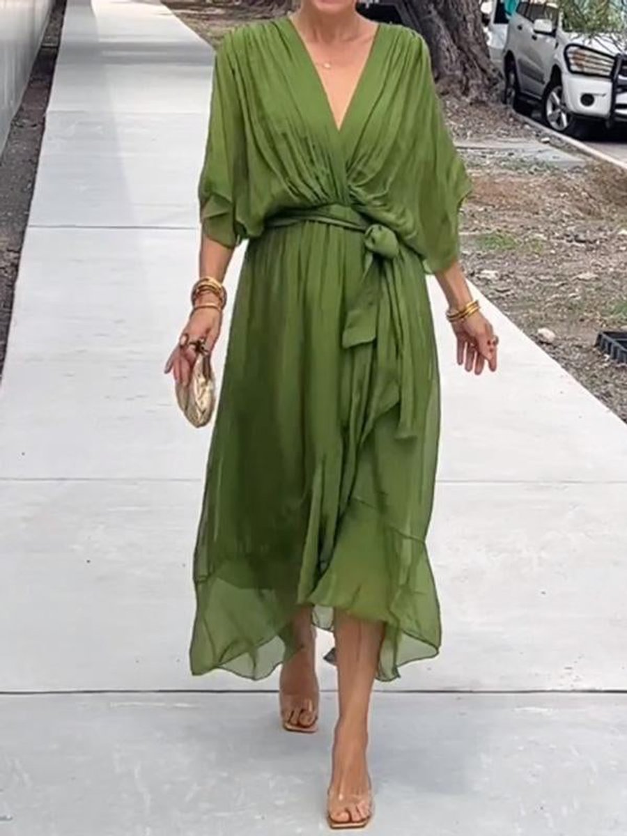 Sophie Chiffon V-Neck Belted Midi Cocktail Dress