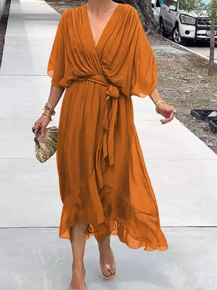 Sophie Chiffon V-Neck Belted Midi Cocktail Dress